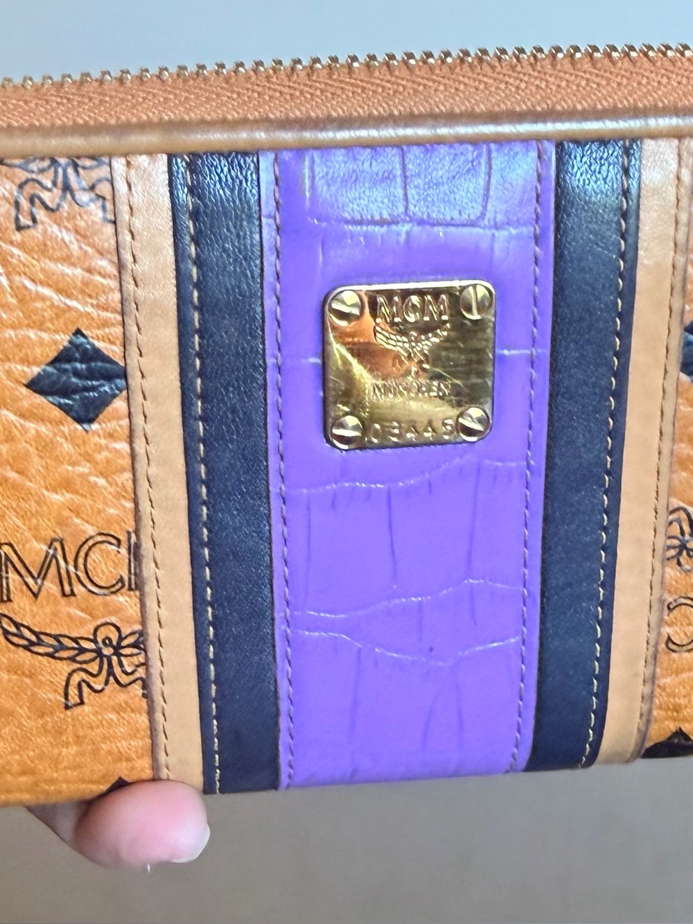 MCM Cognac and Purple Logo Zip Wallet with Black Stripes